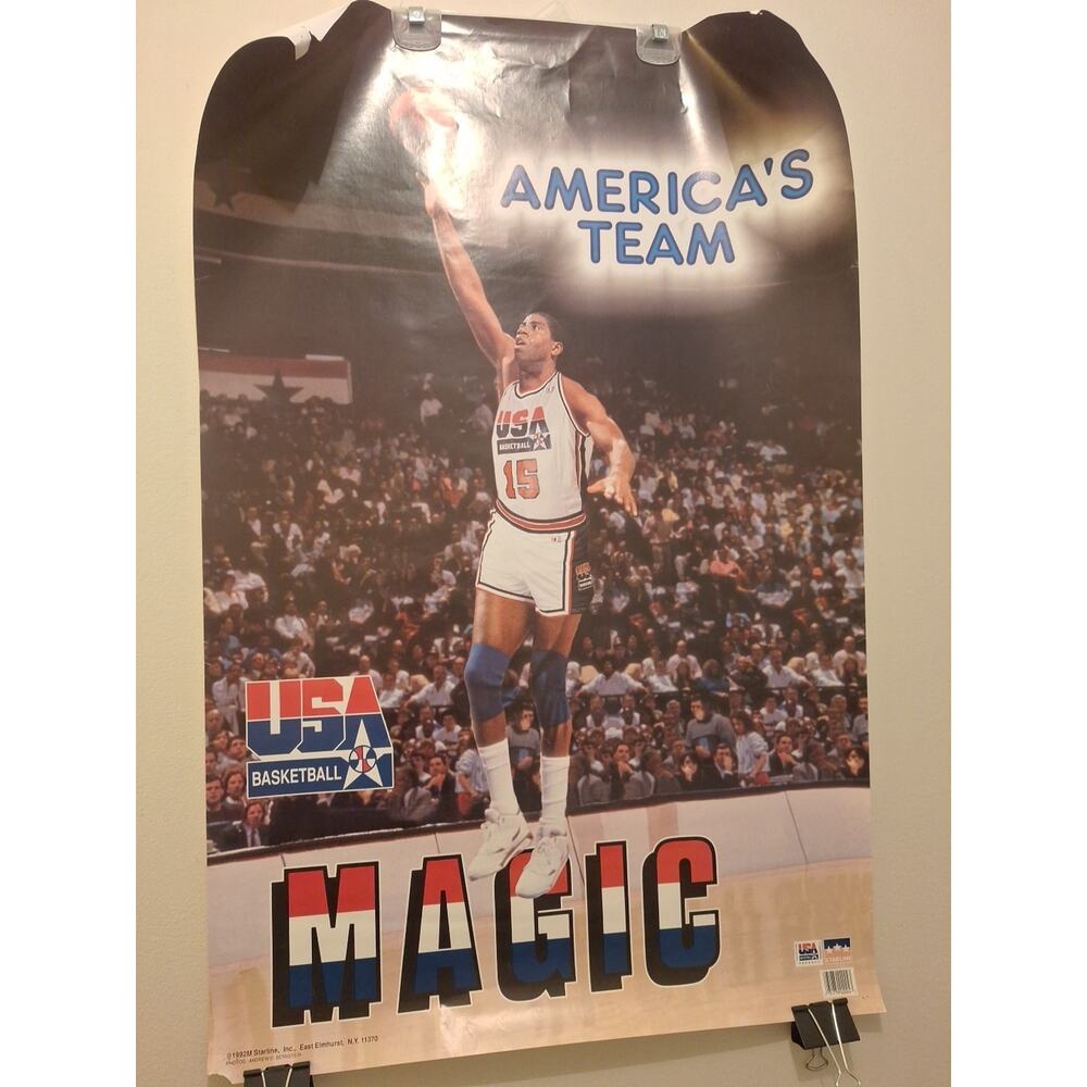 Vintage Magic Johnson USA Basketball Poster 1992 Olympics 34x22 In.